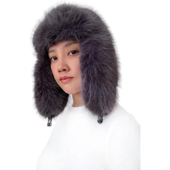 Women's Dark Grey Faux Fur Ski Trooper Winter With Earflap Classic Ushanka Cap - Picture 2 of 3